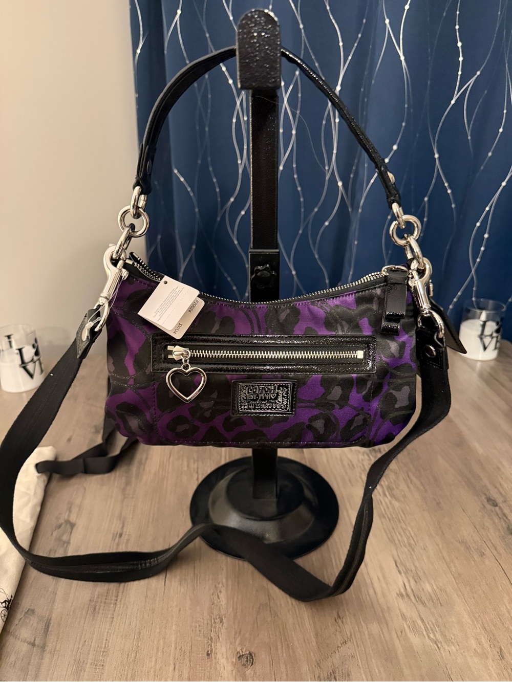 Coach Poppy Purple and Black Leopard Print Crossbody Bag with Heart Charm Rare